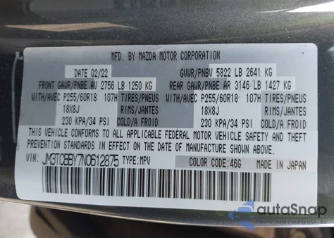 2022 Mazda Cx-9 Sport from USA, damaged, VIN JM3TCBBY7N0612875